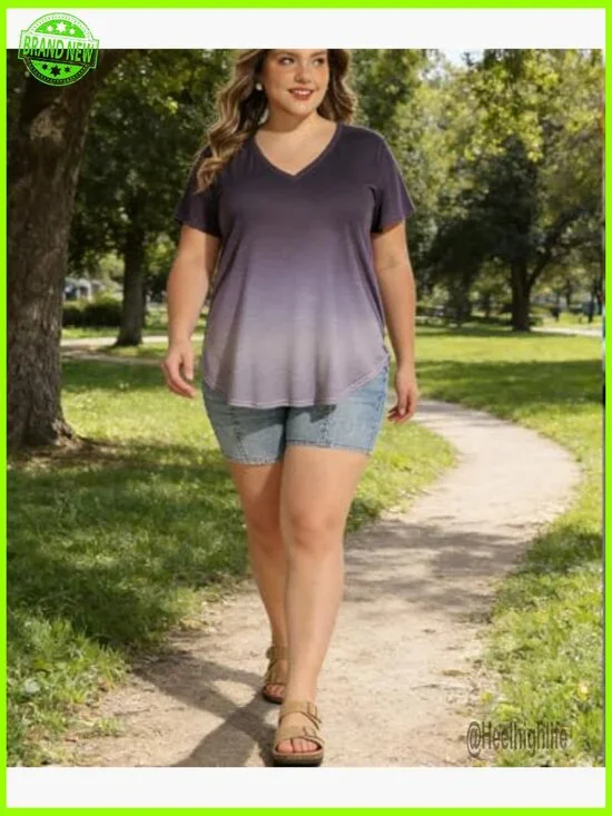 Plus Size Tunic V-Neck Short Sleeve Blouse Loose Fit Summer Top - Picture 3 of 4
